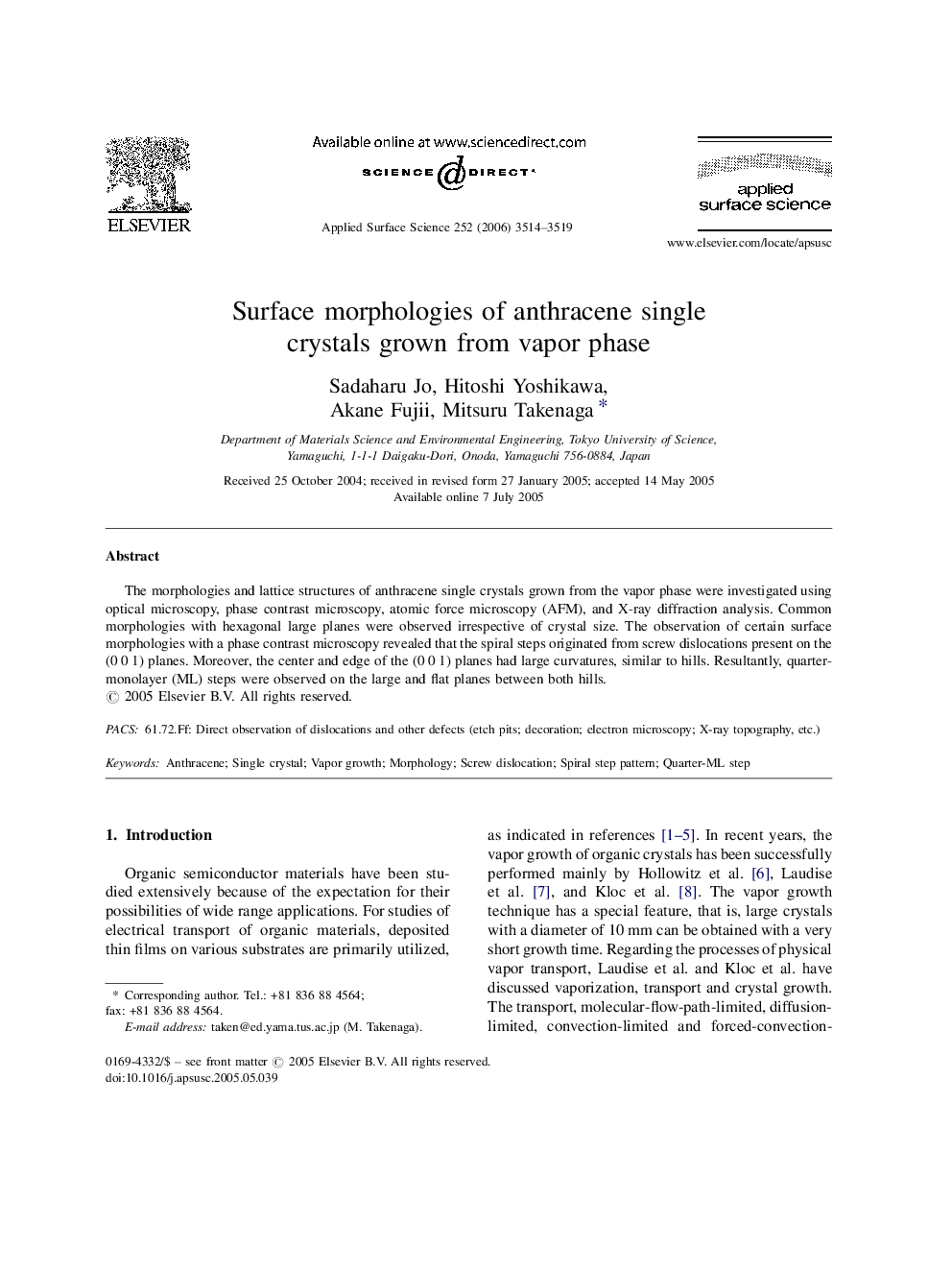 Surface morphologies of anthracene single crystals grown from vapor phase