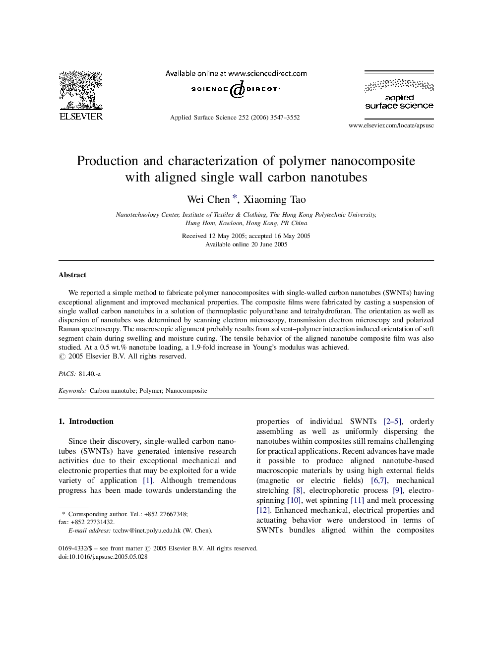 Production and characterization of polymer nanocomposite with aligned single wall carbon nanotubes