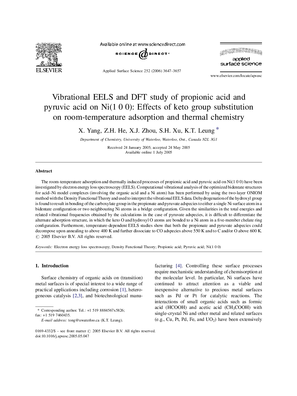 Vibrational EELS and DFT study of propionic acid and pyruvic acid on Ni(1 0 0): Effects of keto group substitution on room-temperature adsorption and thermal chemistry