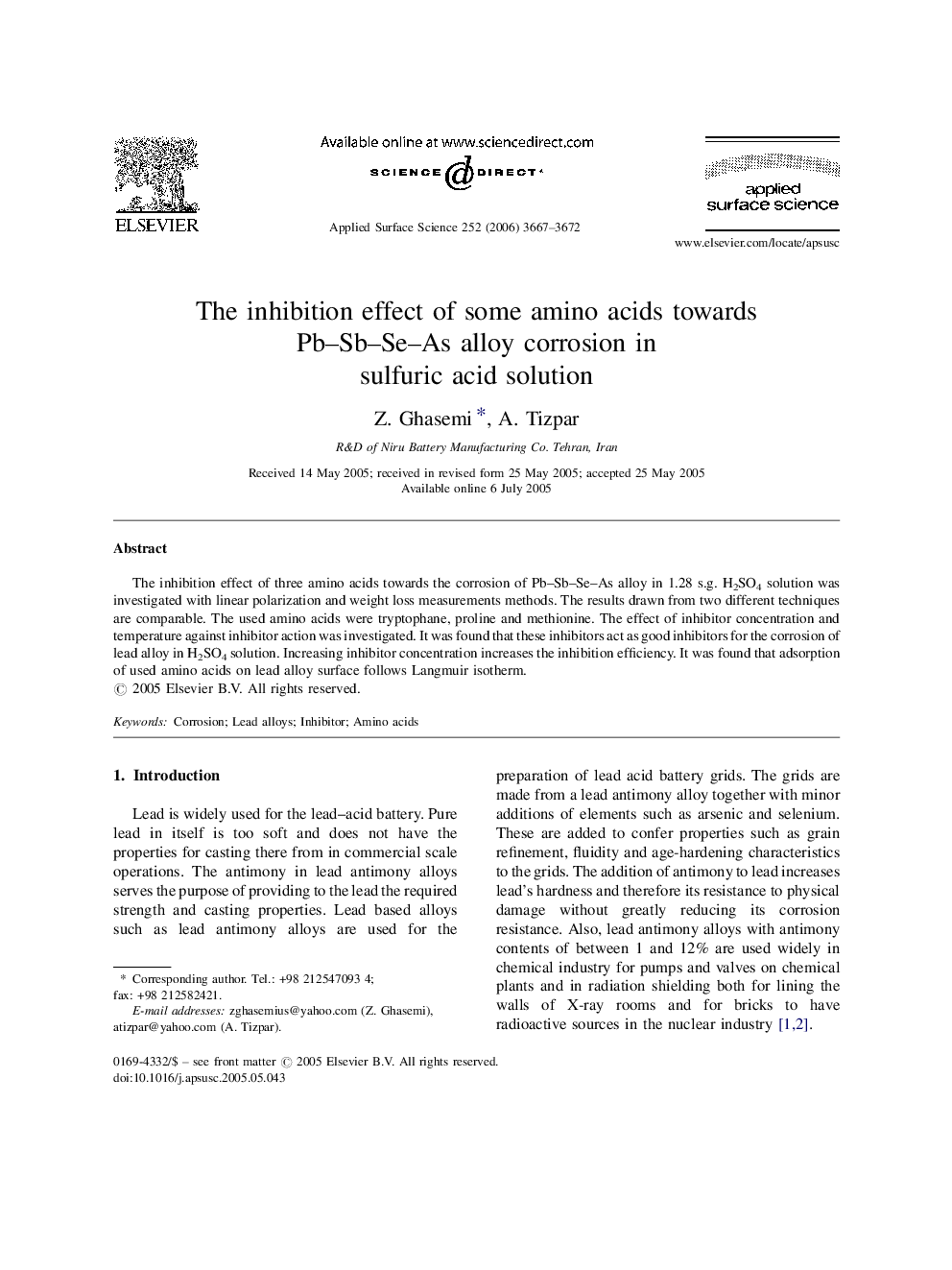 The inhibition effect of some amino acids towards Pb-Sb-Se-As alloy corrosion in sulfuric acid solution