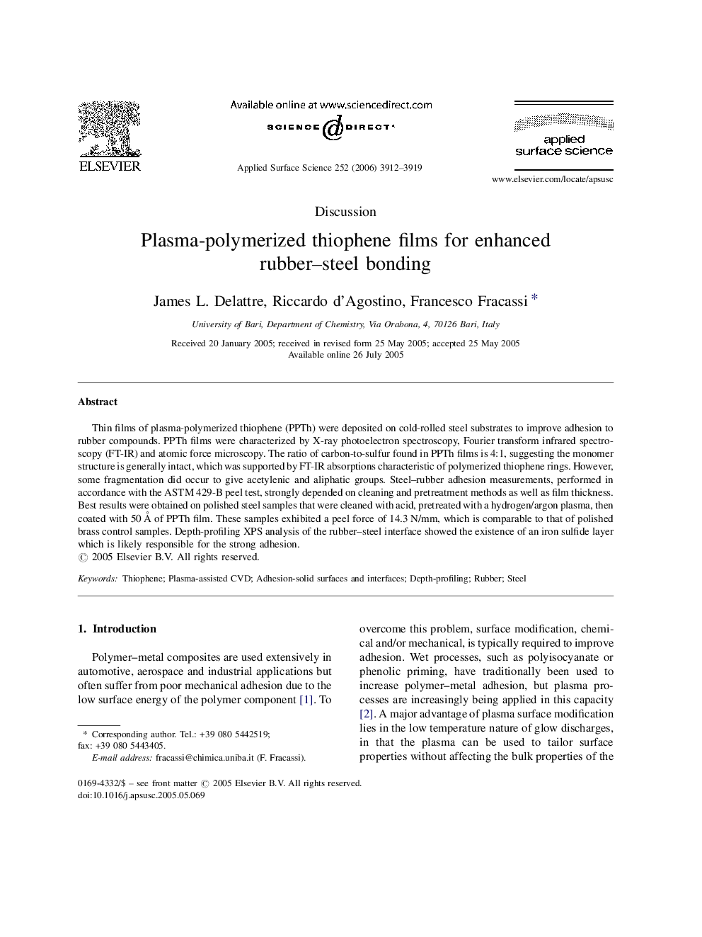 Plasma-polymerized thiophene films for enhanced rubber-steel bonding