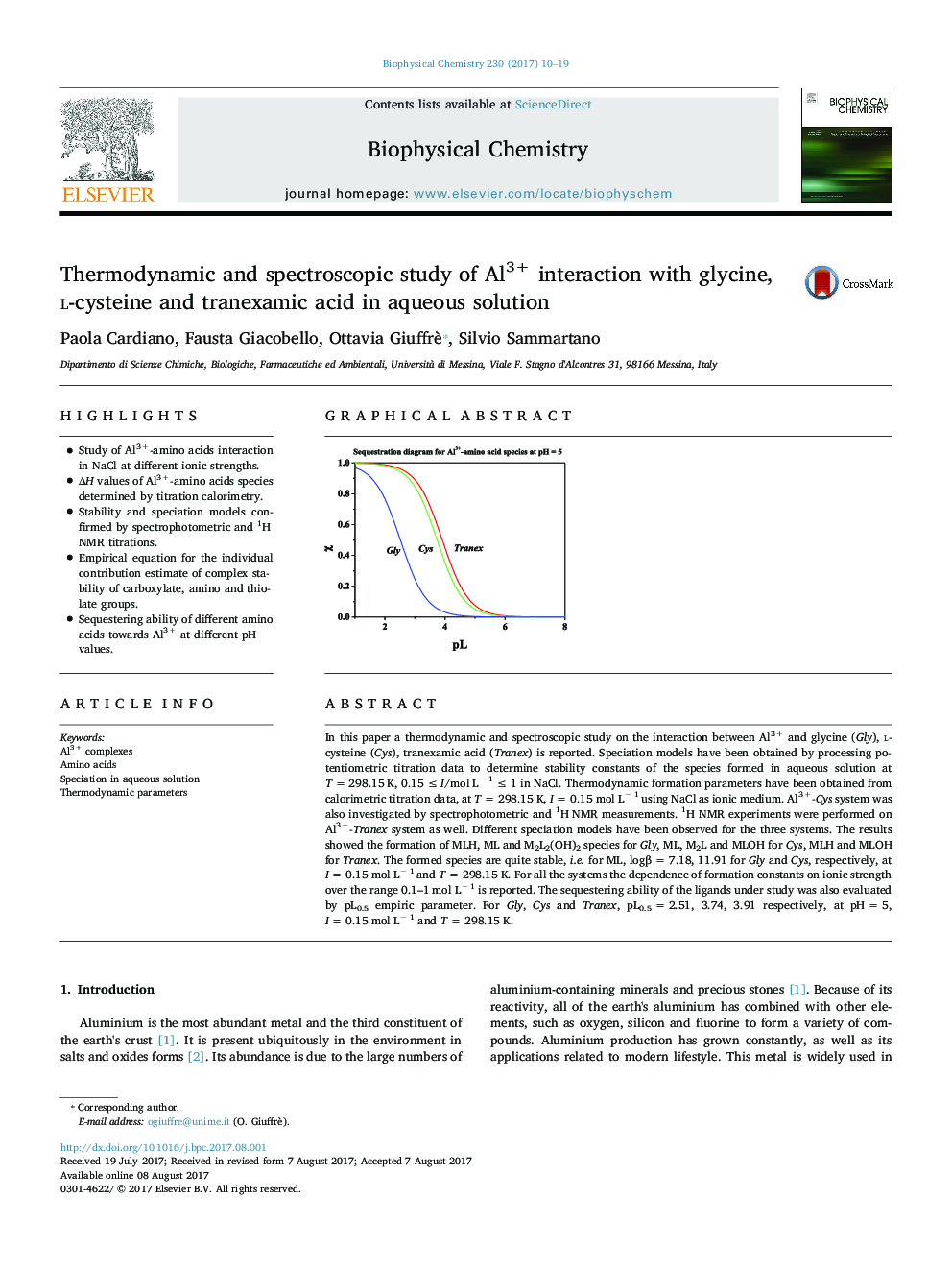 Thermodynamic and spectroscopic study of Al3+ interaction with glycine, l-cysteine and tranexamic acid in aqueous solution