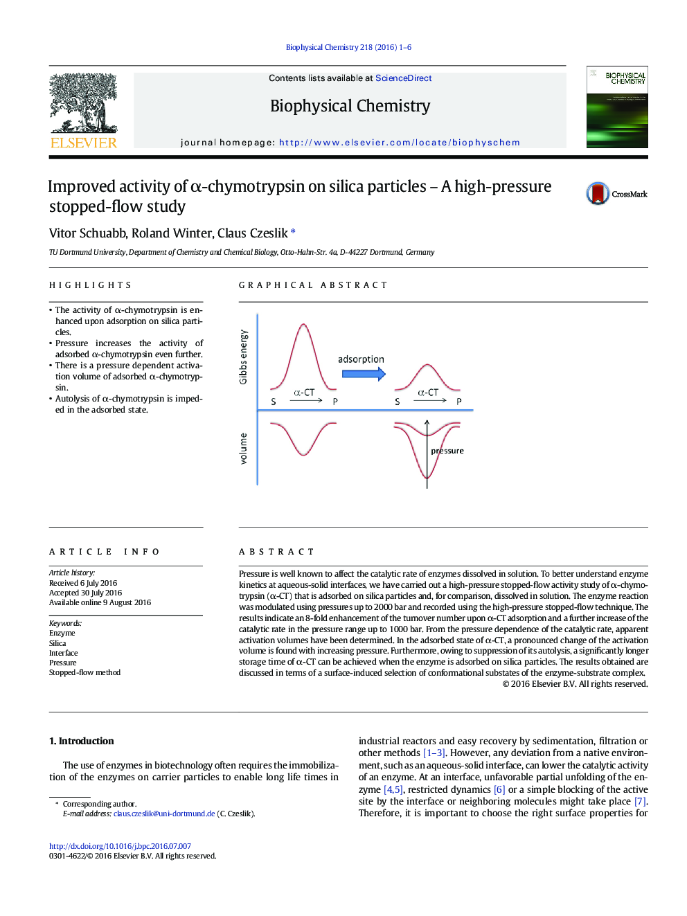 Improved activity of Î±-chymotrypsin on silica particles - A high-pressure stopped-flow study