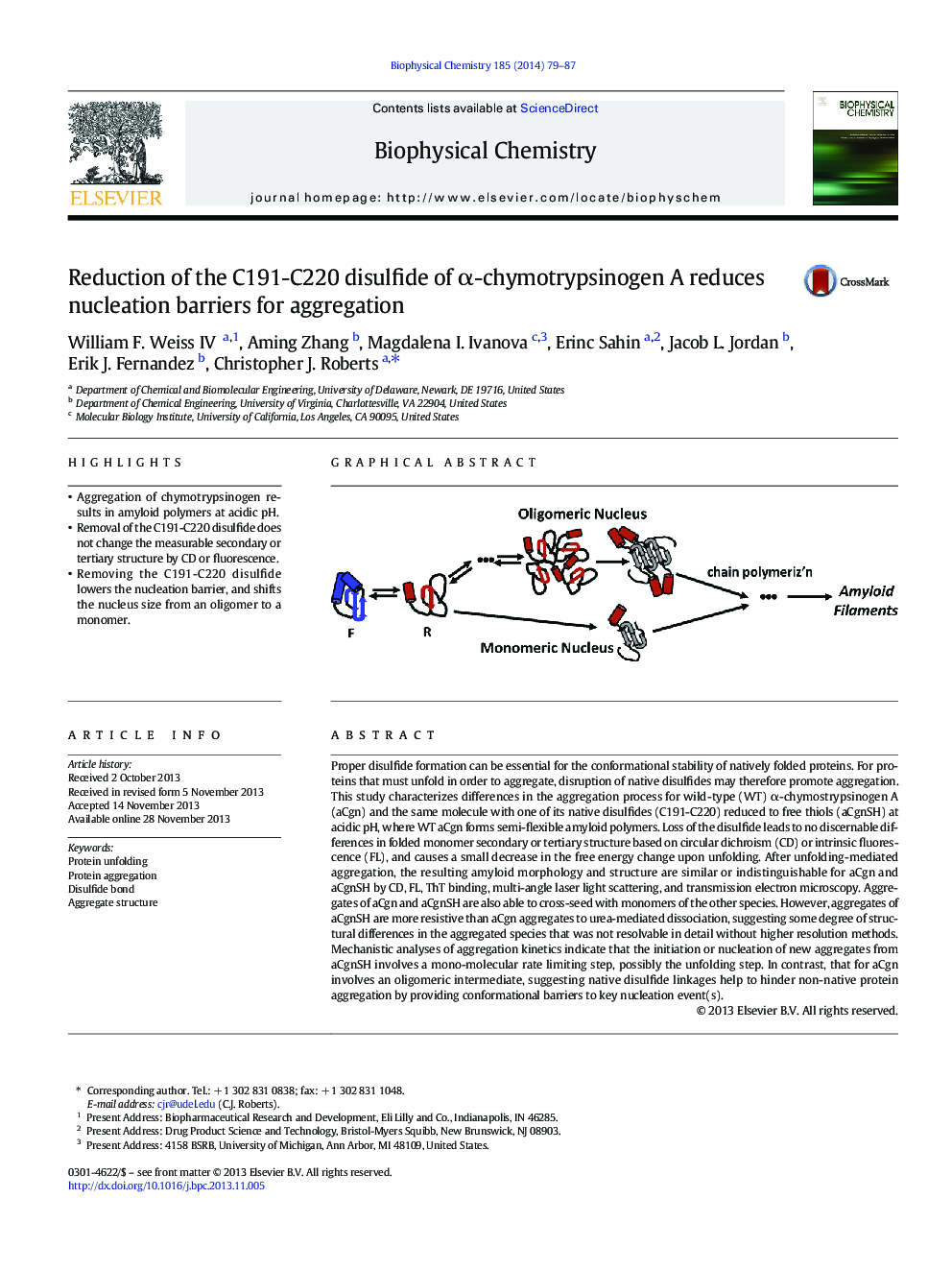 Reduction of the C191-C220 disulfide of Î±-chymotrypsinogen A reduces nucleation barriers for aggregation