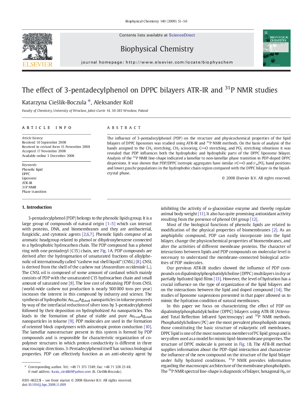 The effect of 3-pentadecylphenol on DPPC bilayers ATR-IR and 31P NMR studies