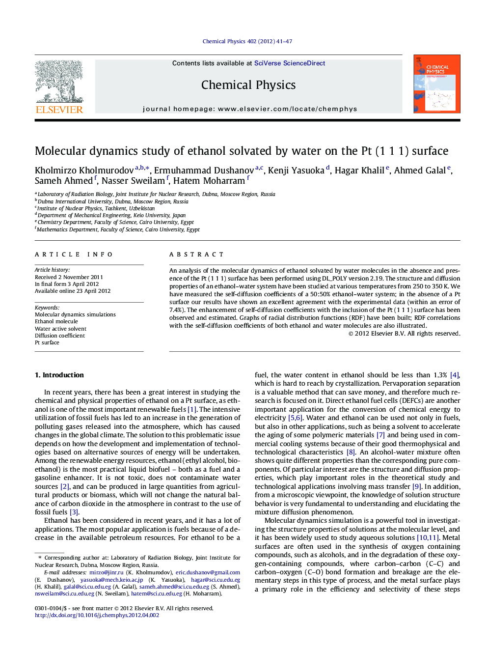 Molecular dynamics study of ethanol solvated by water on the Pt (1Â 1Â 1) surface