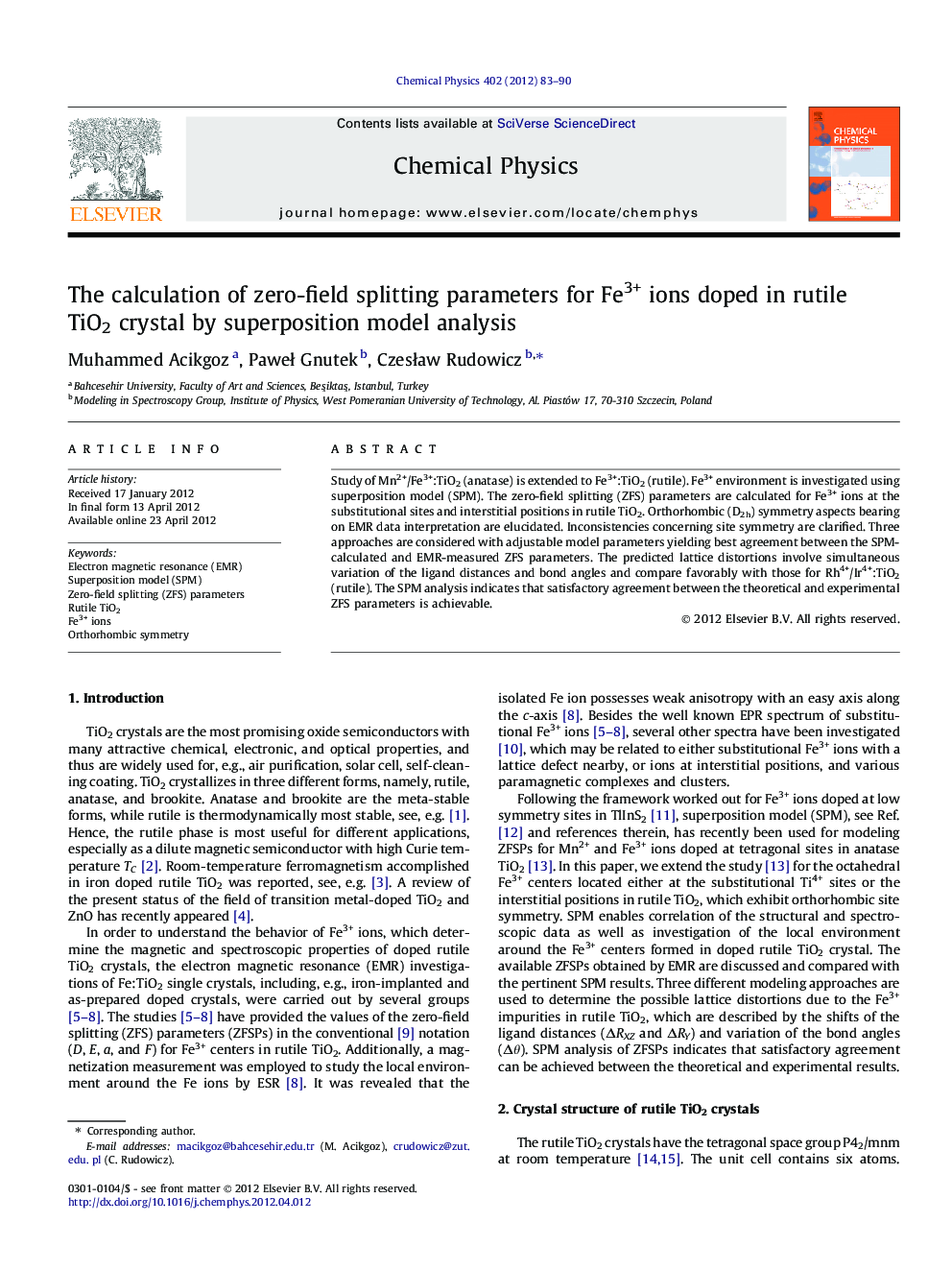 The calculation of zero-field splitting parameters for Fe3+ ions doped in rutile TiO2 crystal by superposition model analysis