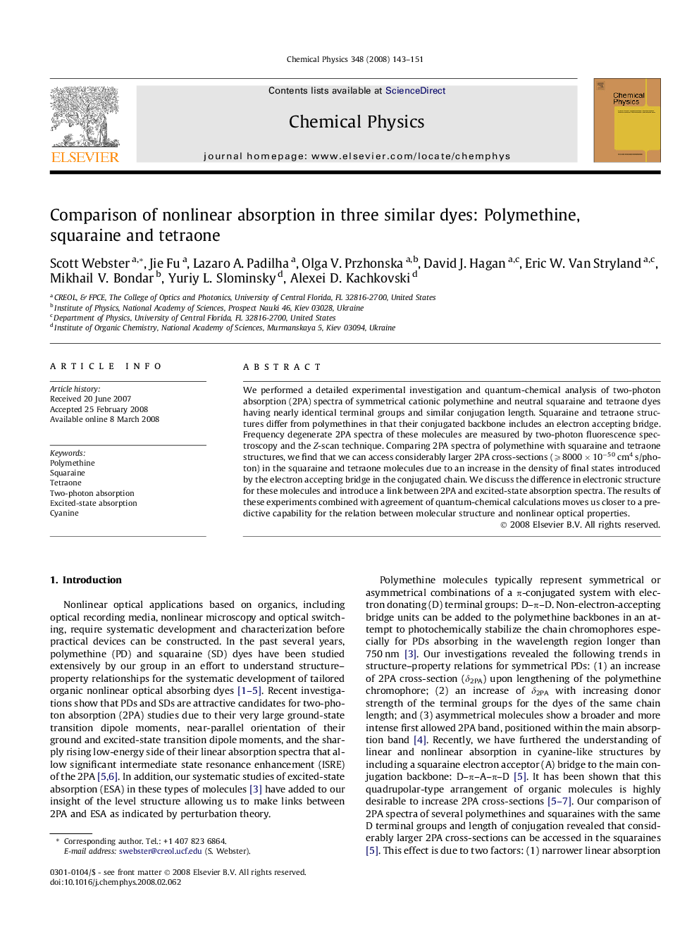 Comparison of nonlinear absorption in three similar dyes: Polymethine, squaraine and tetraone