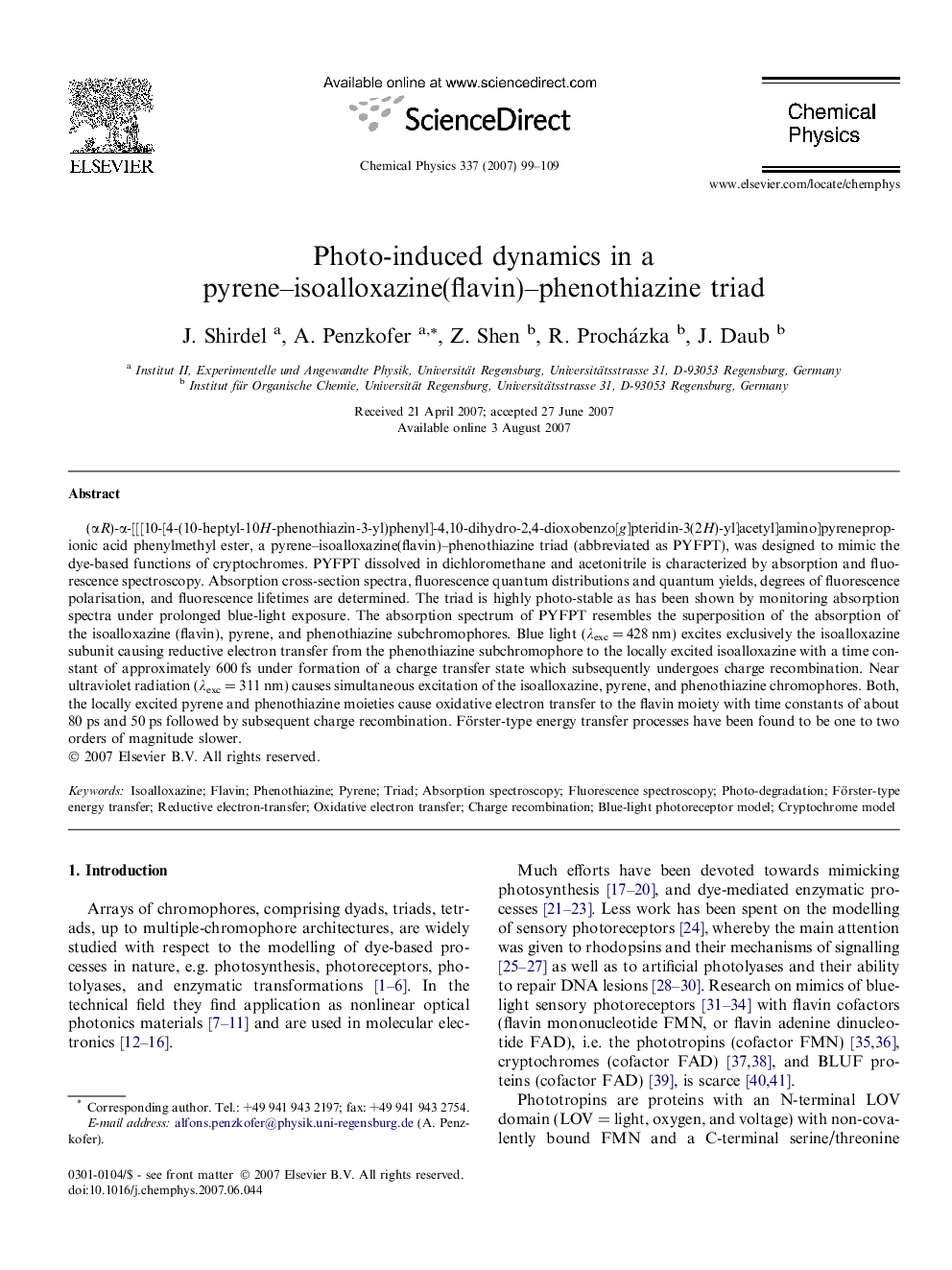 Photo-induced dynamics in a pyrene-isoalloxazine(flavin)-phenothiazine triad