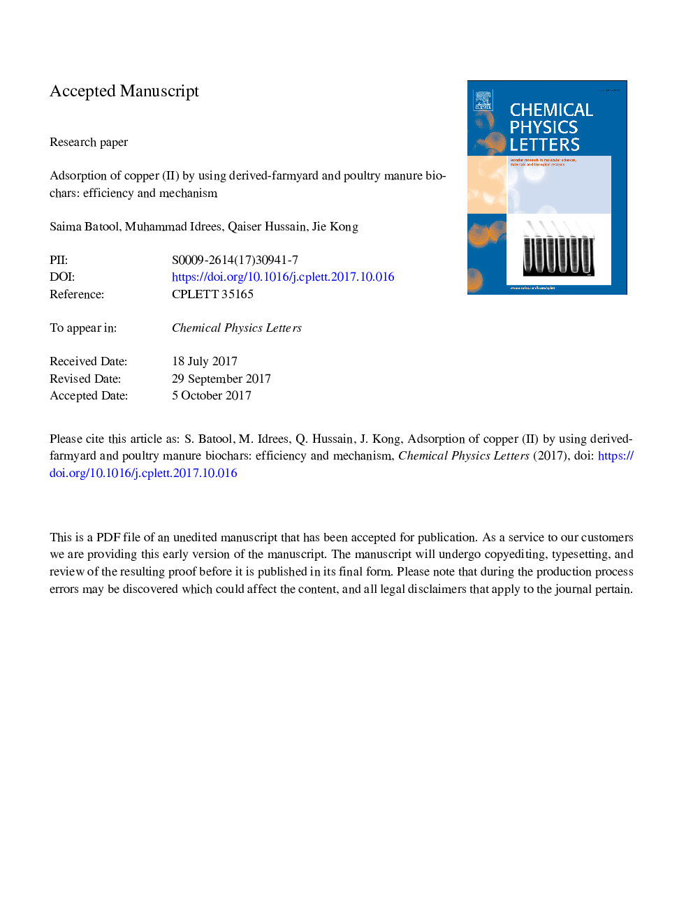 Adsorption of copper (II) by using derived-farmyard and poultry manure biochars: Efficiency and mechanism