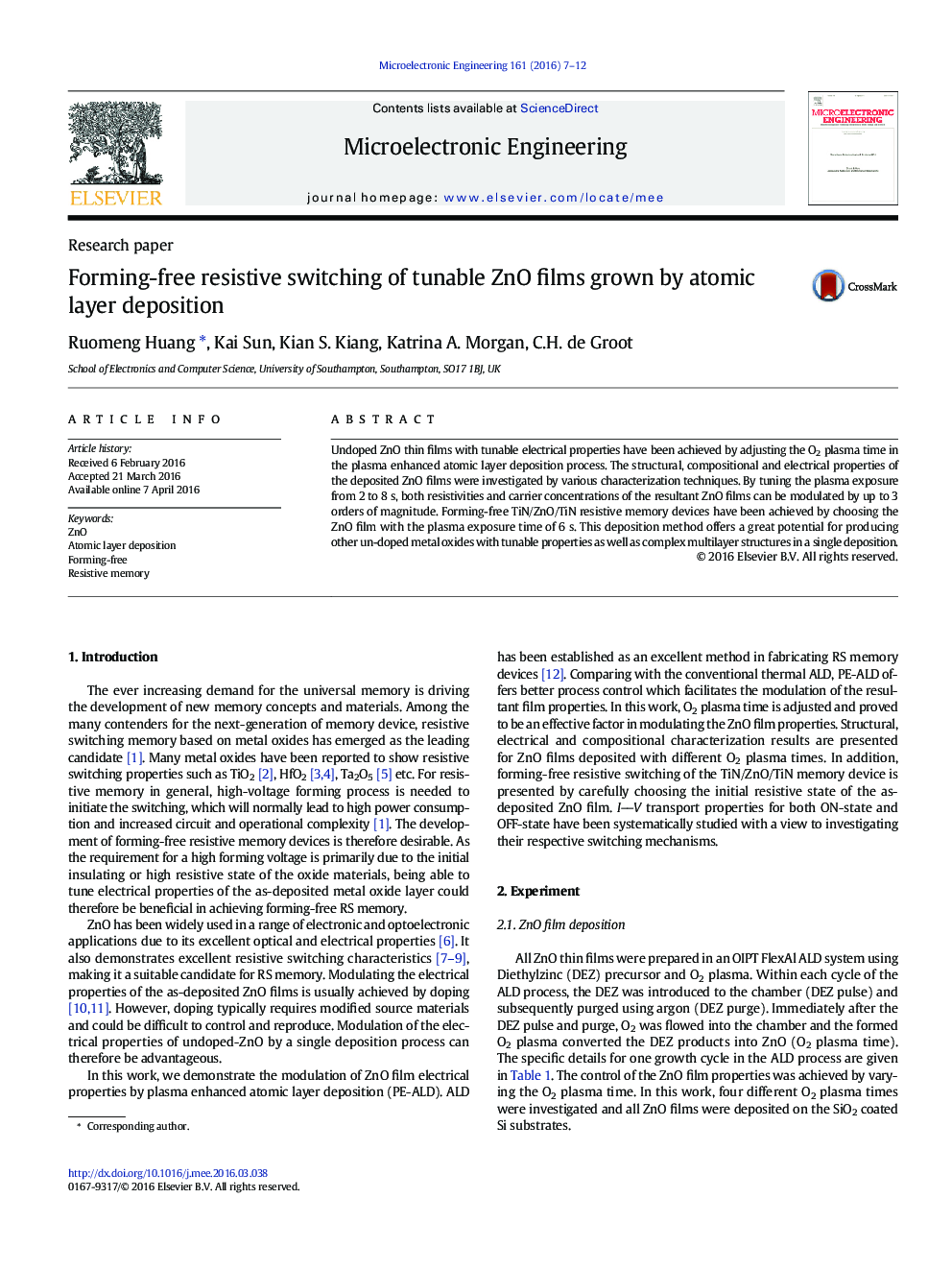 Forming-free resistive switching of tunable ZnO films grown by atomic layer deposition