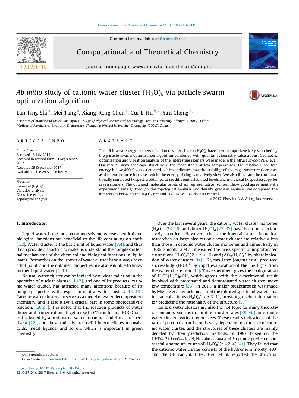 Ab initio study of cationic water cluster (H2O)9+ via particle swarm optimization algorithm