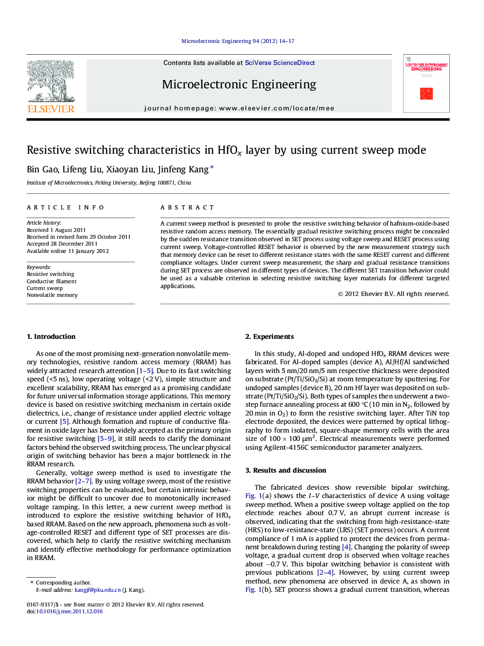 Resistive switching characteristics in HfOx layer by using current sweep mode