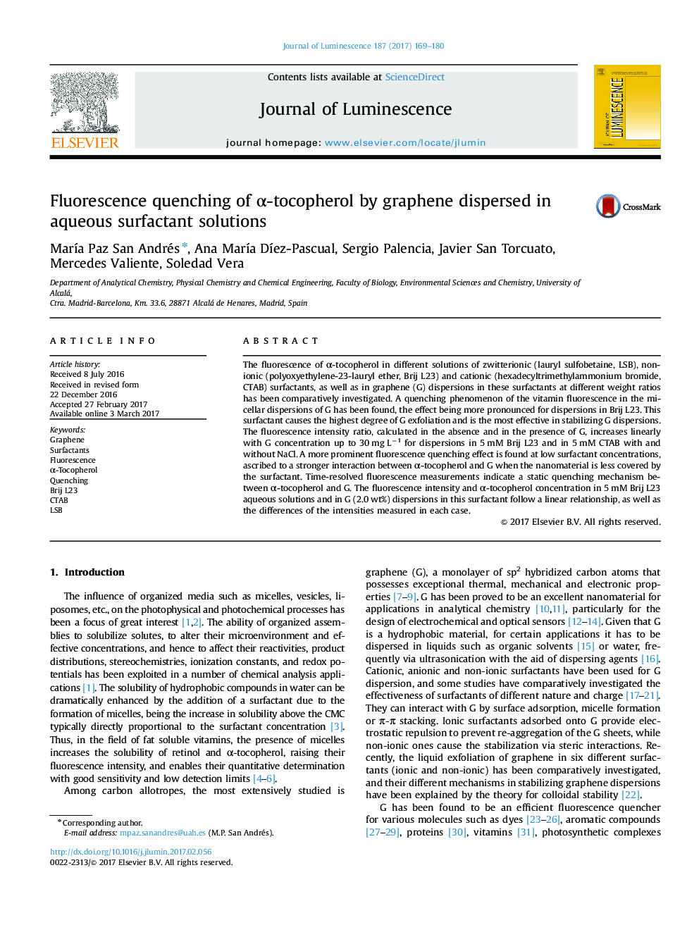 Fluorescence quenching of Î±-tocopherol by graphene dispersed in aqueous surfactant solutions