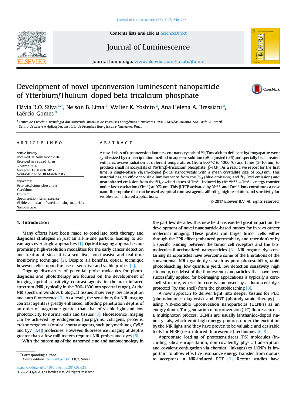 Development of novel upconversion luminescent nanoparticle of Ytterbium/Thulium-doped beta tricalcium phosphate