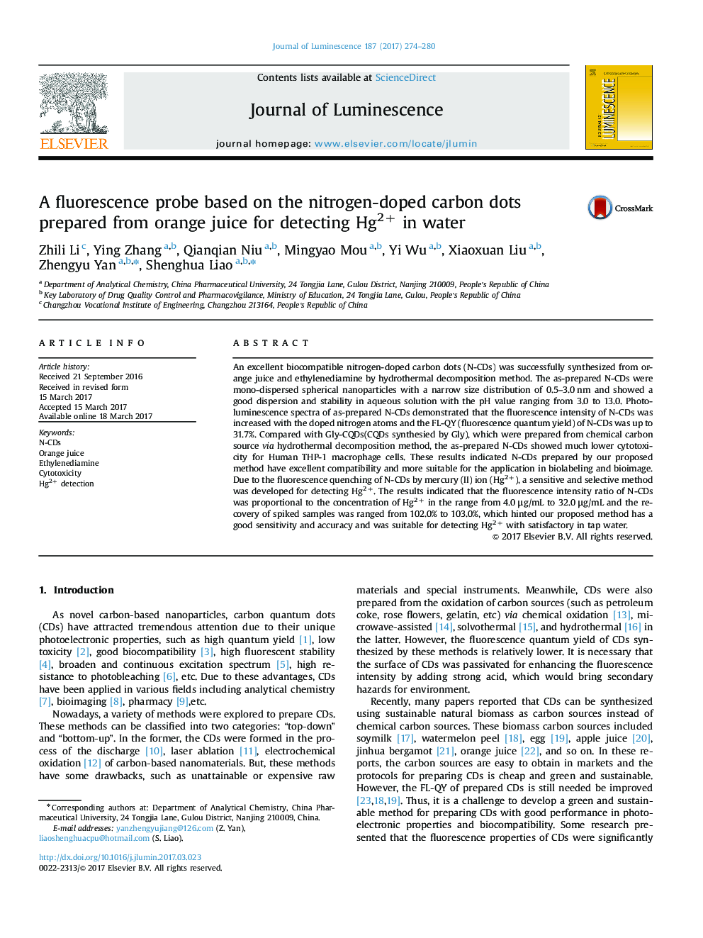 A fluorescence probe based on the nitrogen-doped carbon dots prepared from orange juice for detecting Hg2+ in water