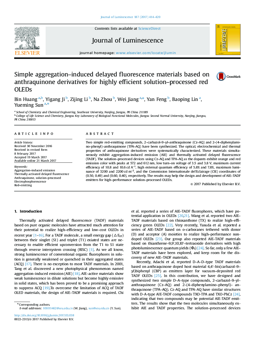 Simple aggregation-induced delayed fluorescence materials based on anthraquinone derivatives for highly efficient solution-processed red OLEDs