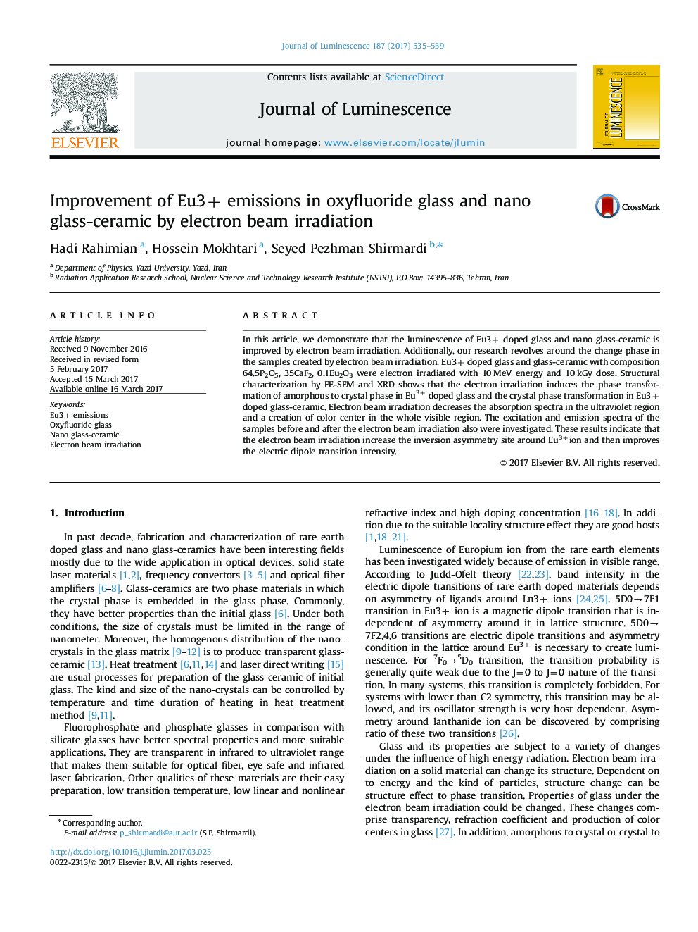 Improvement of Eu3+ emissions in oxyfluoride glass and nano glass-ceramic by electron beam irradiation