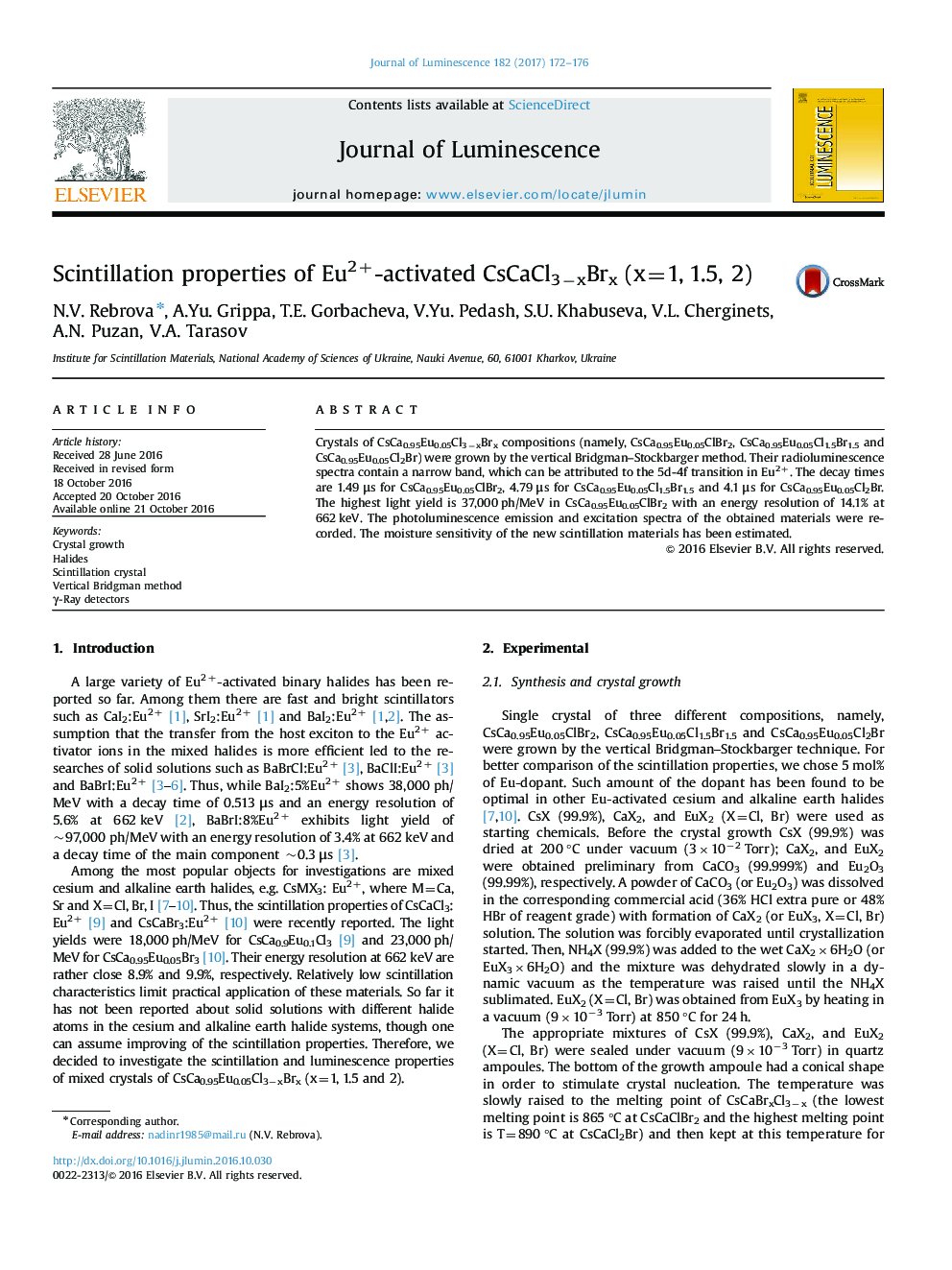 Scintillation properties of Eu2+-activated CsCaCl3âxBrx (x=1, 1.5, 2)
