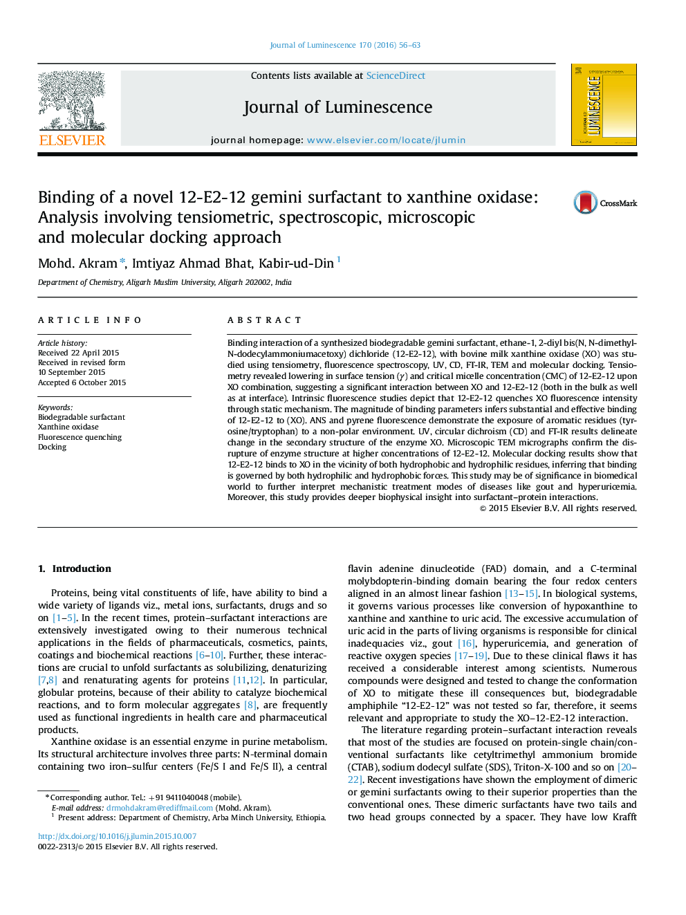 Binding of a novel 12-E2-12 gemini surfactant to xanthine oxidase: Analysis involving tensiometric, spectroscopic, microscopic and molecular docking approach