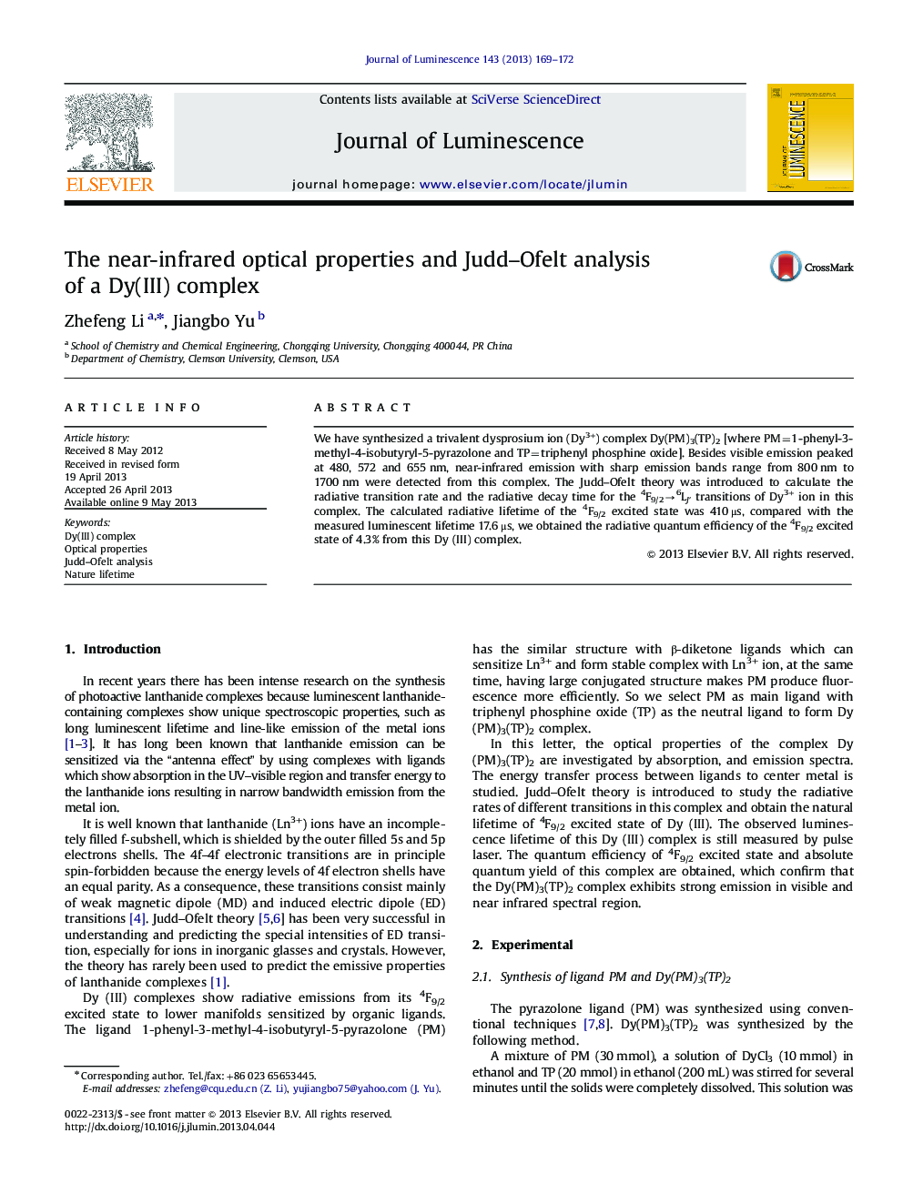 The near-infrared optical properties and Judd-Ofelt analysis of a Dy(III) complex