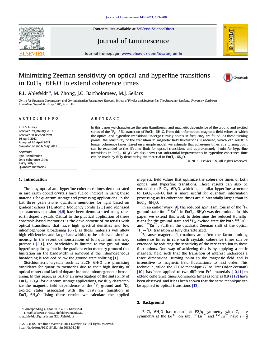 Minimizing Zeeman sensitivity on optical and hyperfine transitions in EuCl3Â·6H2O to extend coherence times