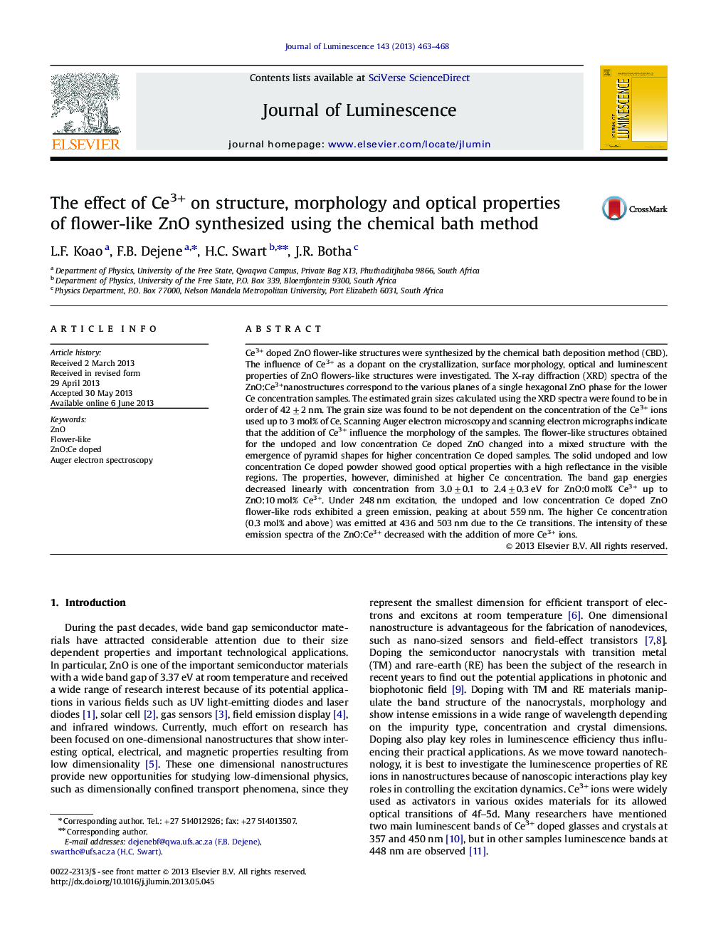 The effect of Ce3+ on structure, morphology and optical properties of flower-like ZnO synthesized using the chemical bath method