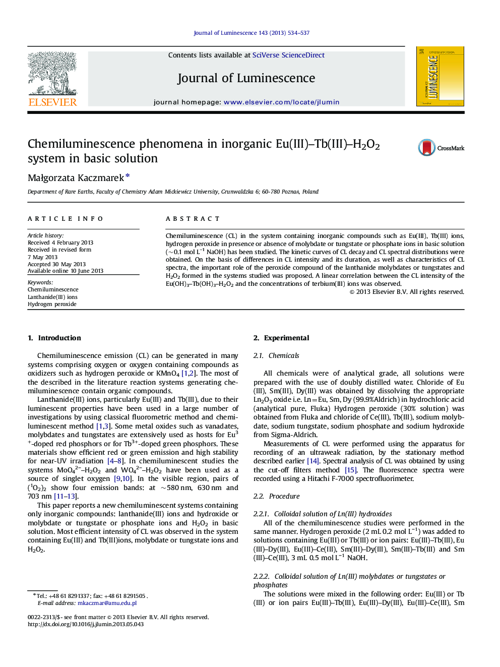 Chemiluminescence phenomena in inorganic Eu(III)-Tb(III)-H2O2 system in basic solution