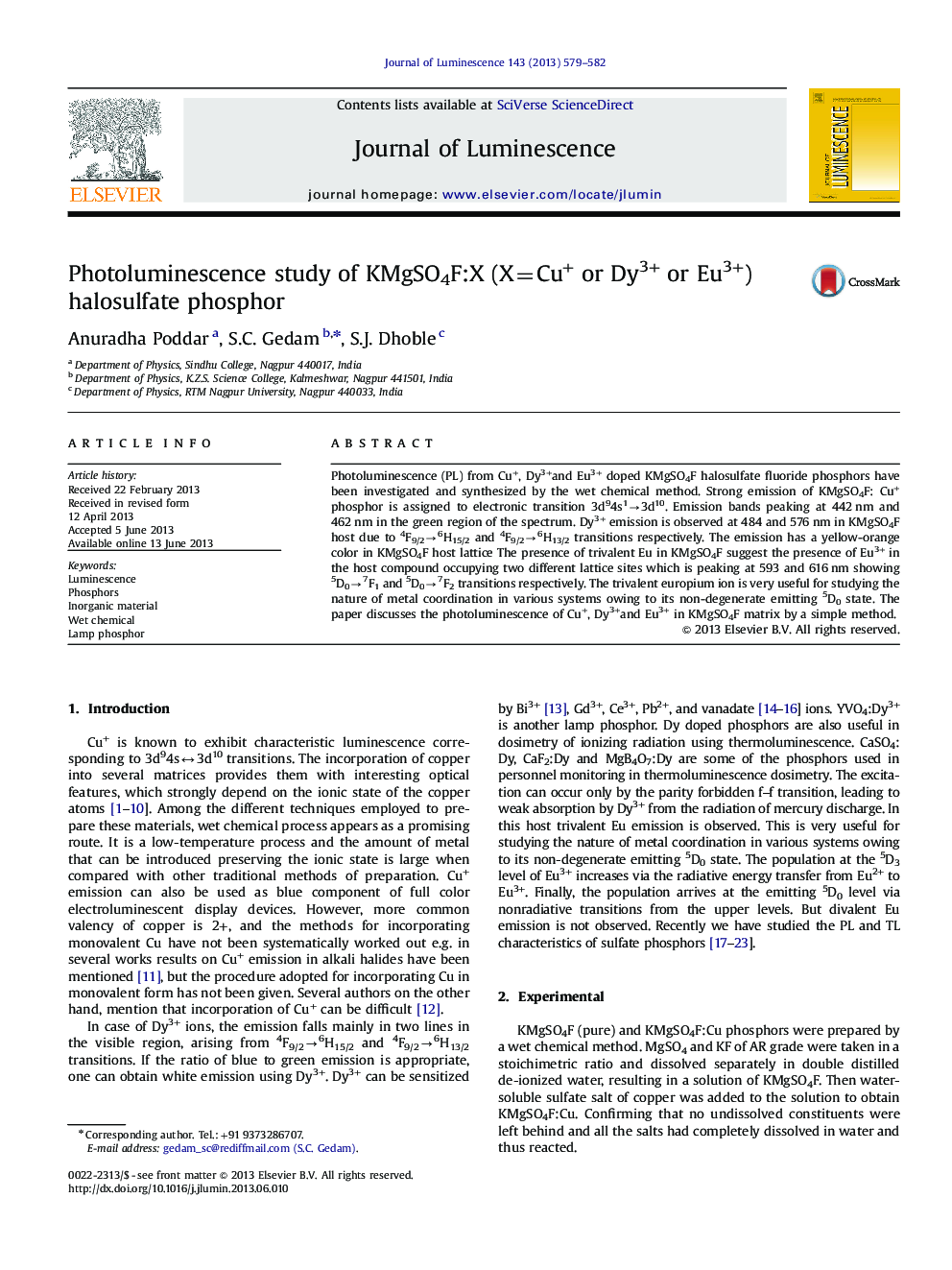 Photoluminescence study of KMgSO4F:X (X=Cu+ or Dy3+ or Eu3+) halosulfate phosphor