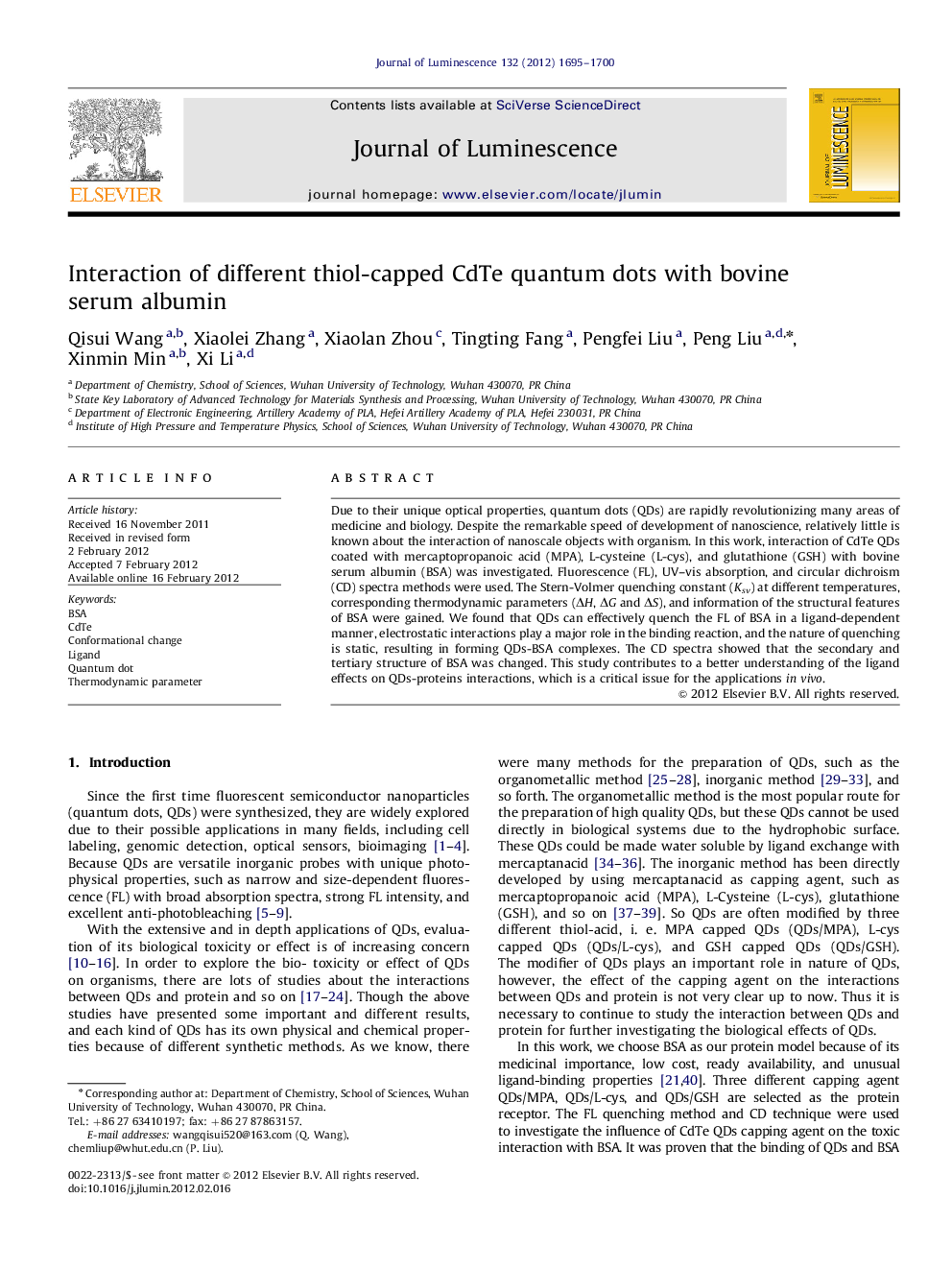 Interaction of different thiol-capped CdTe quantum dots with bovine serum albumin