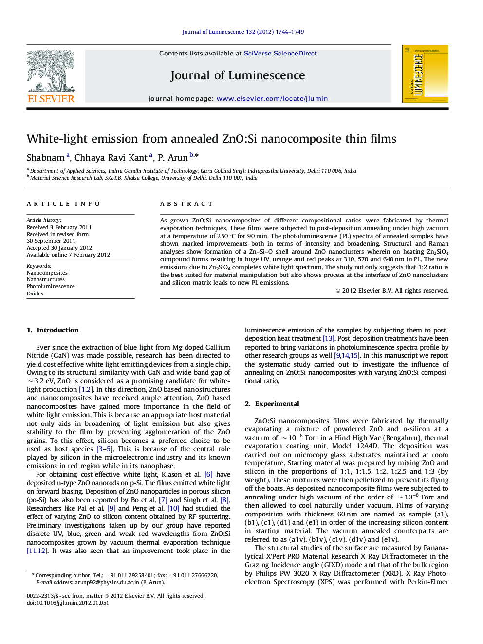 White-light emission from annealed ZnO:Si nanocomposite thin films