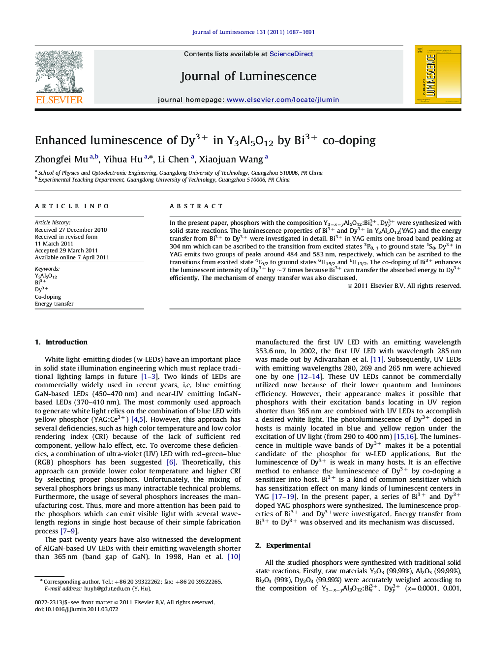 Enhanced luminescence of Dy3+ in Y3Al5O12 by Bi3+ co-doping