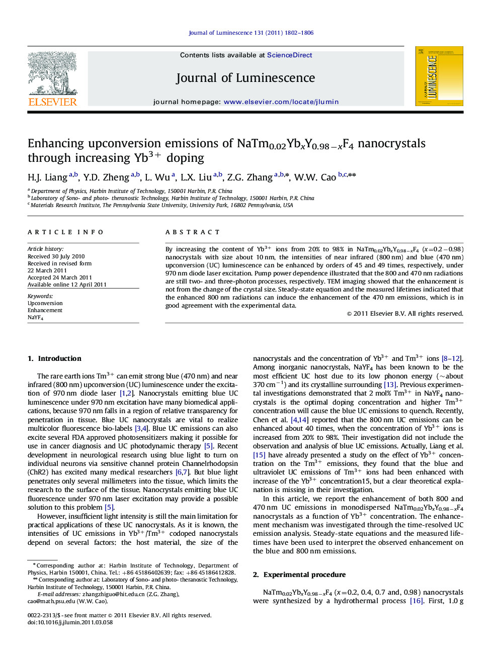 Enhancing upconversion emissions of NaTm0.02YbxY0.98âxF4 nanocrystals through increasing Yb3+ doping