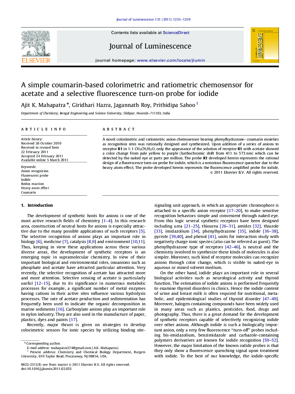 A simple coumarin-based colorimetric and ratiometric chemosensor for acetate and a selective fluorescence turn-on probe for iodide