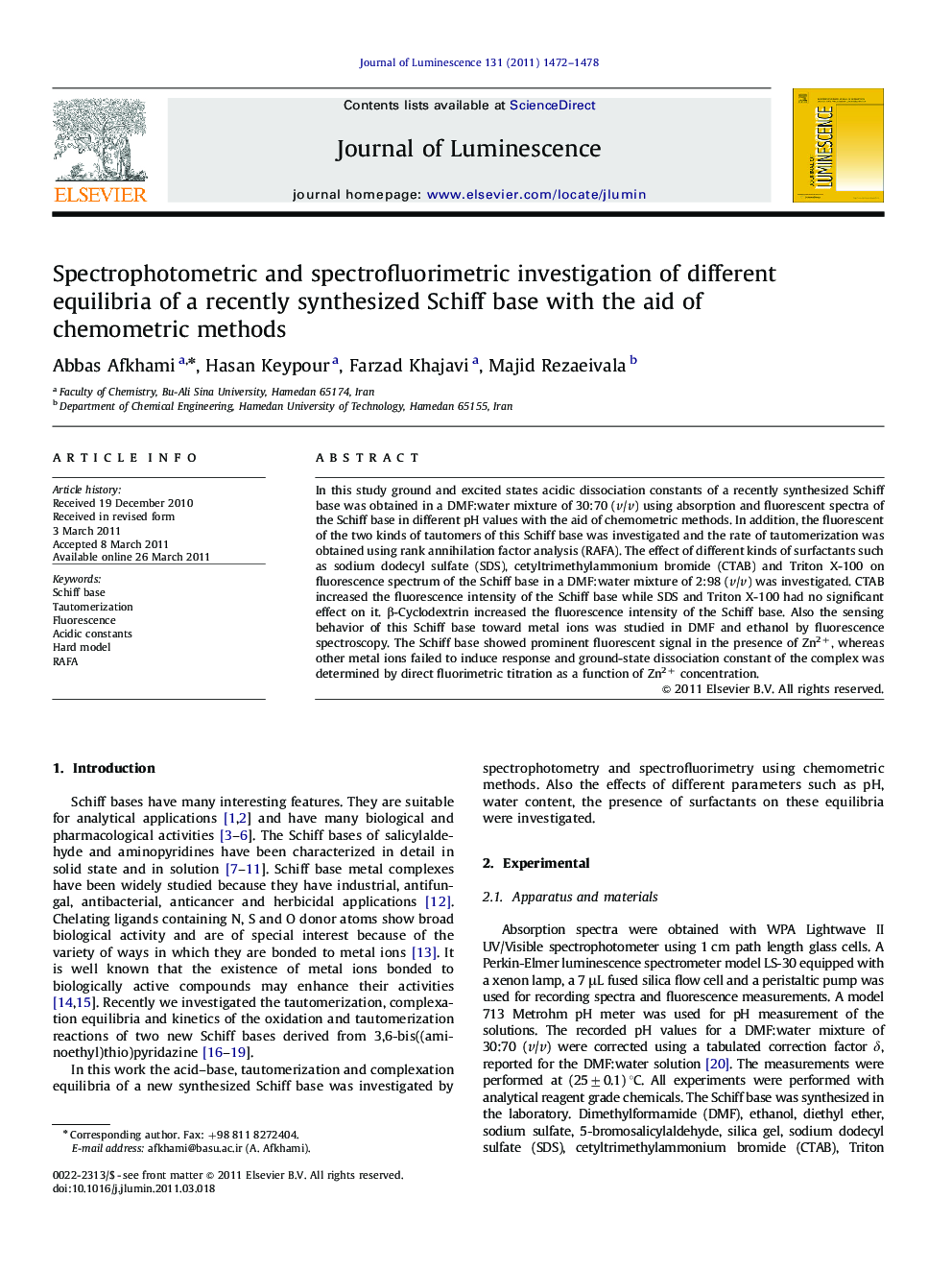 Spectrophotometric and spectrofluorimetric investigation of different equilibria of a recently synthesized Schiff base with the aid of chemometric methods