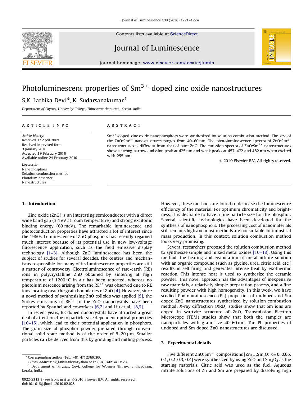 Photoluminescent properties of Sm3+-doped zinc oxide nanostructures