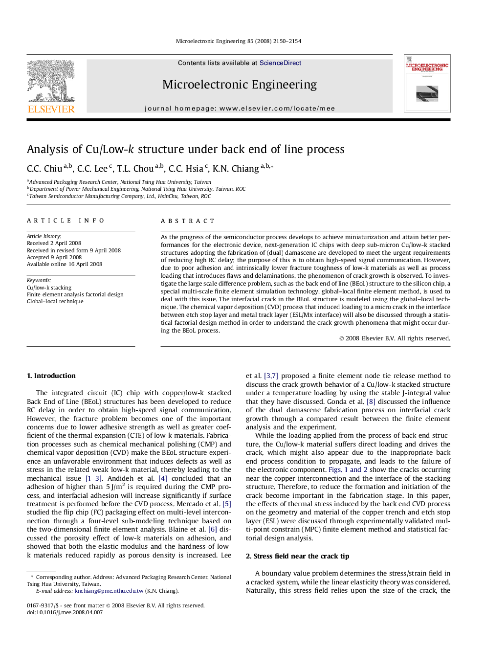 Analysis of Cu/Low-k structure under back end of line process