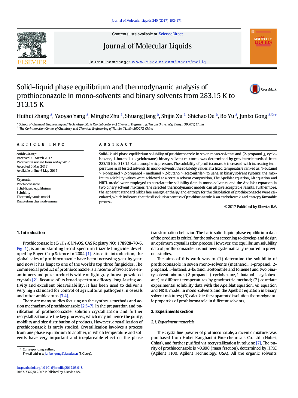 Solid-liquid phase equilibrium and thermodynamic analysis of prothioconazole in mono-solvents and binary solvents from 283.15 K to 313.15 K