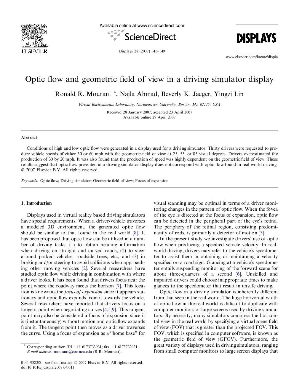 Optic flow and geometric field of view in a driving simulator display