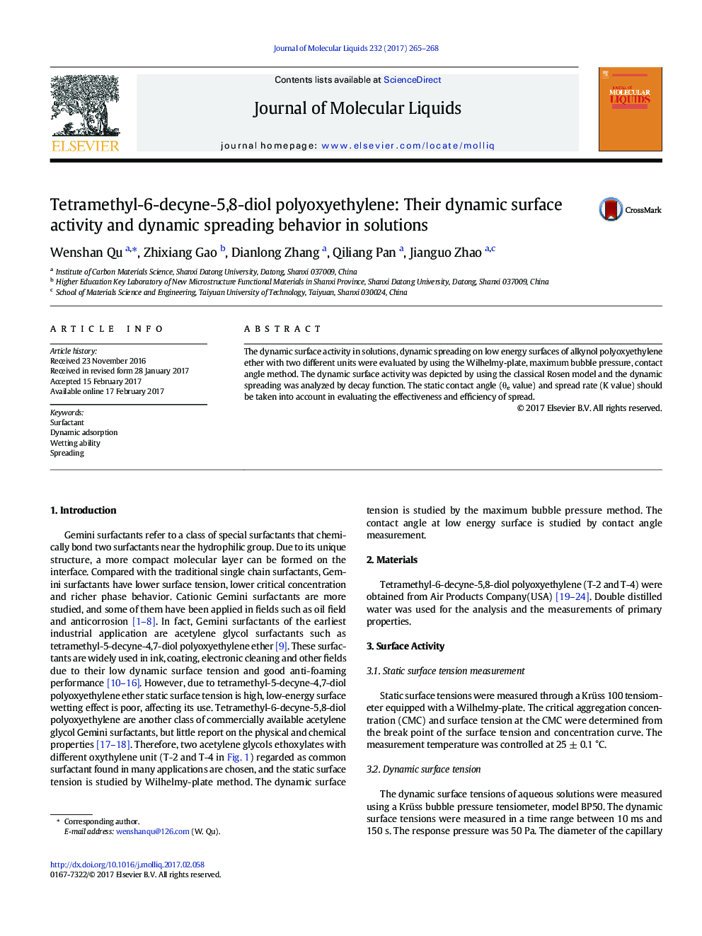 Tetramethyl-6-decyne-5,8-diol polyoxyethylene: Their dynamic surface activity and dynamic spreading behavior in solutions