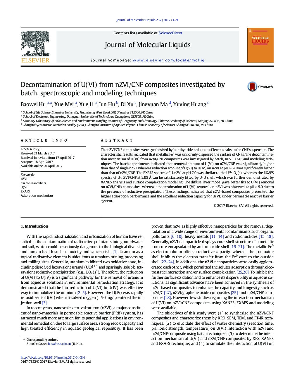 Decontamination of U(VI) from nZVI/CNF composites investigated by batch, spectroscopic and modeling techniques