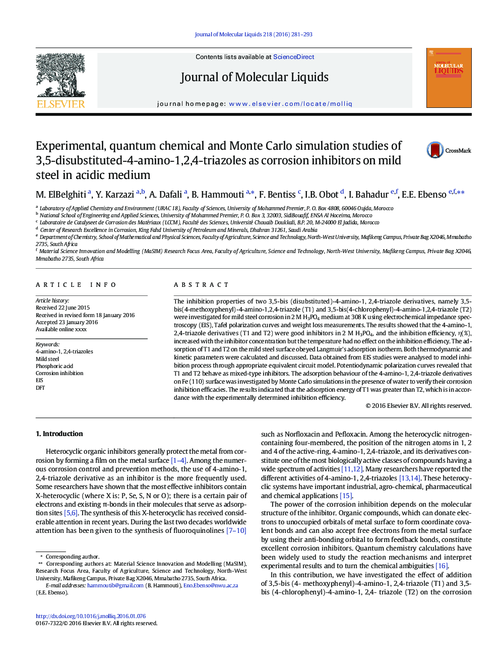 Experimental, quantum chemical and Monte Carlo simulation studies of 3,5-disubstituted-4-amino-1,2,4-triazoles as corrosion inhibitors on mild steel in acidic medium