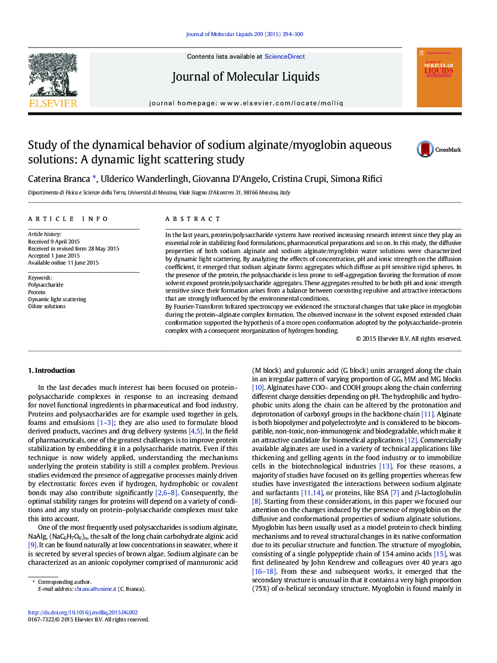 بررسی رفتار دینامیکی آلژینات سدیم / محلول های آبی مایوگلوبین: مطالعه پراکندگی نور پویا 