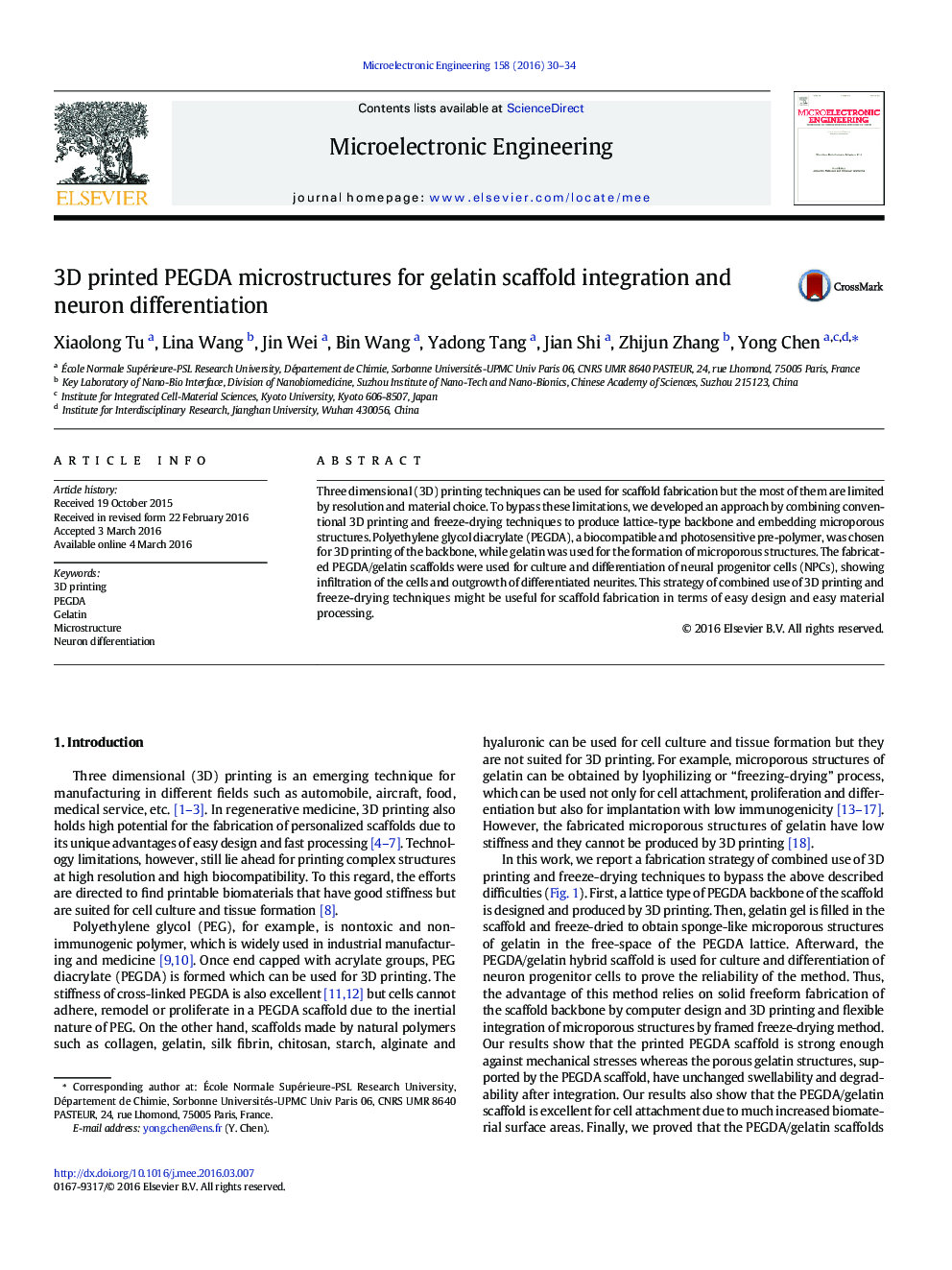 3D printed PEGDA microstructures for gelatin scaffold integration and neuron differentiation