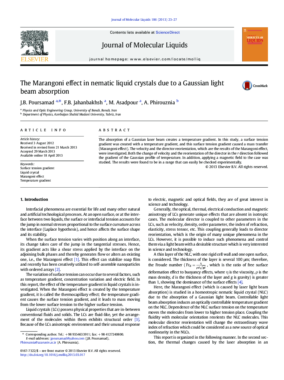 The Marangoni effect in nematic liquid crystals due to a Gaussian light beam absorption