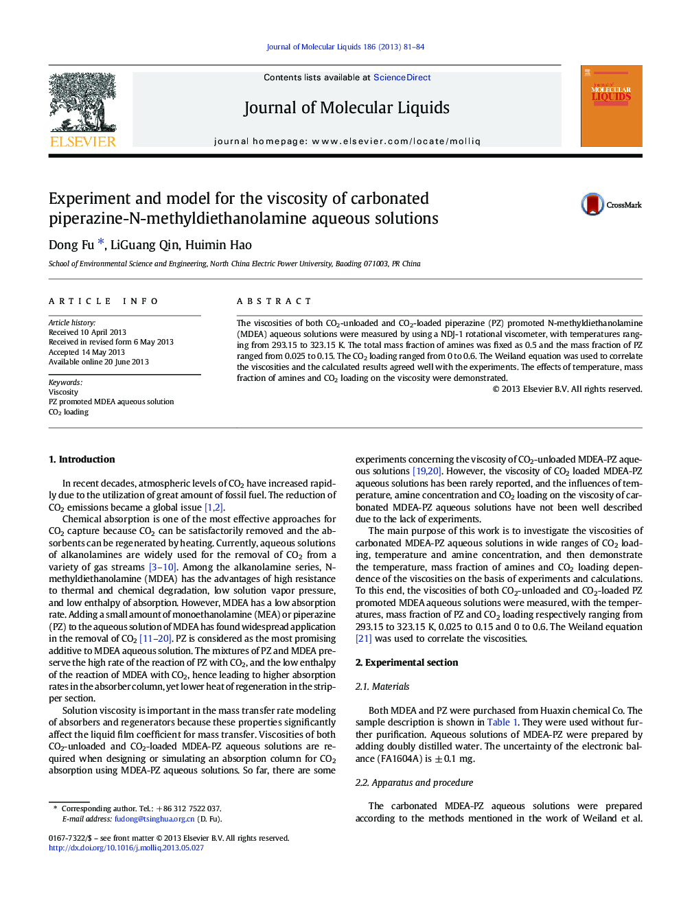 Experiment and model for the viscosity of carbonated piperazine-N-methyldiethanolamine aqueous solutions
