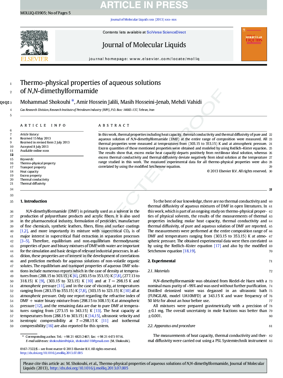 Thermo-physical properties of aqueous solutions of N,N-dimethylformamide