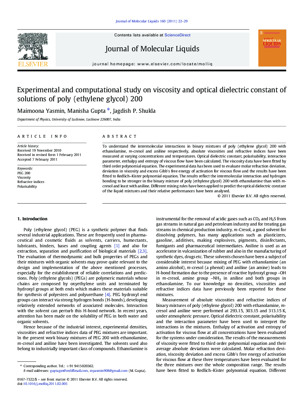 Experimental and computational study on viscosity and optical dielectric constant of solutions of poly (ethylene glycol) 200