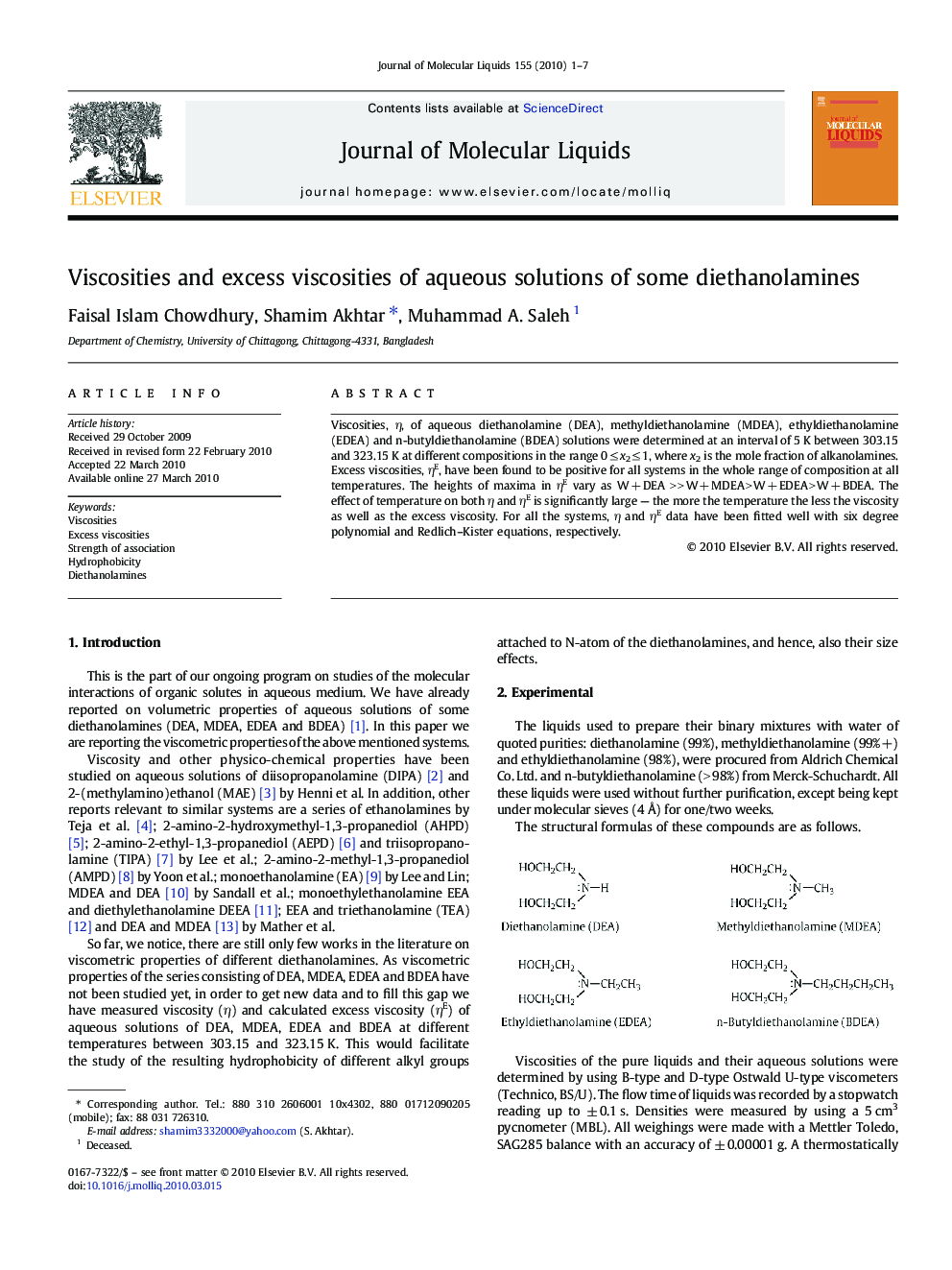 Viscosities and excess viscosities of aqueous solutions of some diethanolamines