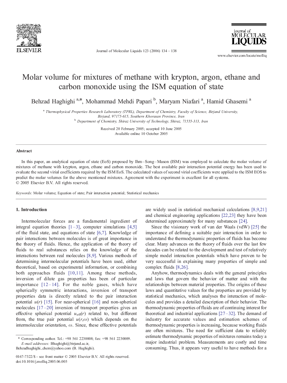 Molar volume for mixtures of methane with krypton, argon, ethane and carbon monoxide using the ISM equation of state